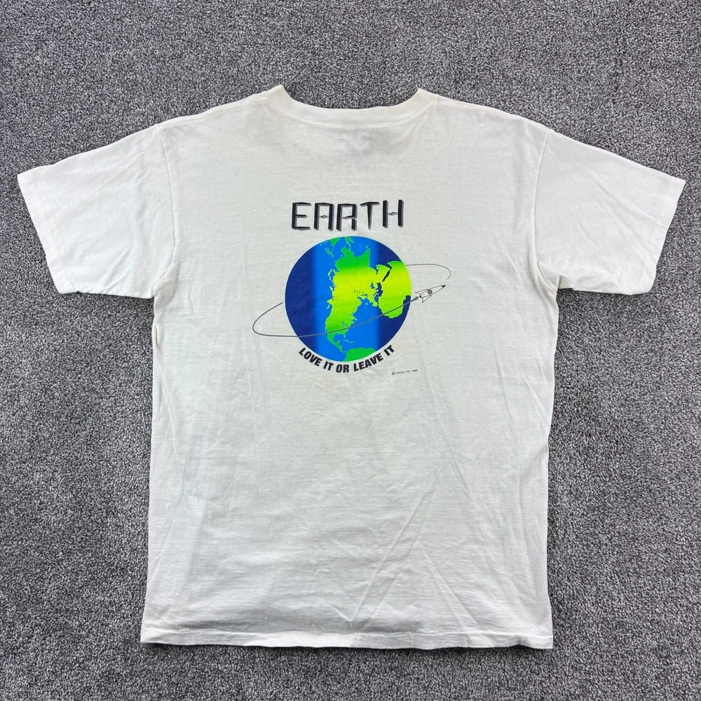 Vintage Uzon Cosmetics Shirt Mens Large White Earth Graphic Love It or Leave It